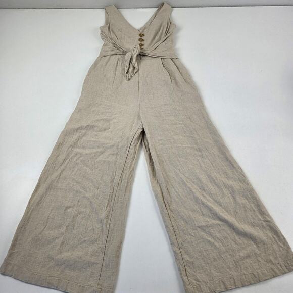 Maeve Anthropologie Jumpsuit Womens 0 Beige Linen Wide Leg V Neck Tie Waist - Picture 1 of 16